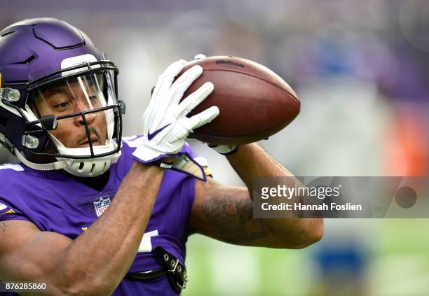 Jarius Wright of the Minnesota Vikings catches a ball during warm ups before the game against the Los Angeles Rams on November 19, 2017 at U.S. Bank...