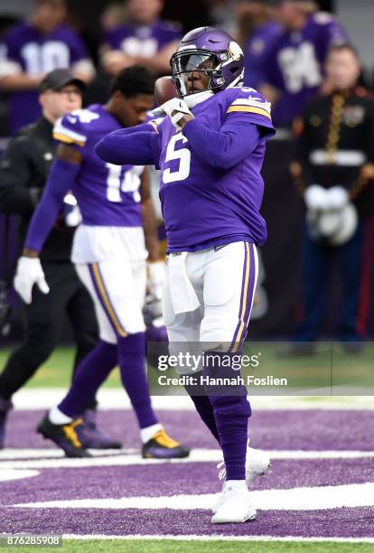 Teddy Bridgewater of the Minnesota Vikings throws the ball while warming up before the game against the Los Angeles Rams on November 19, 2017 at U.S....