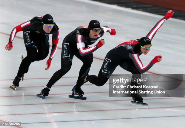 The team of Canada with Masrha Hudey, Kelly Irvine and Kali Christ competes in the ladies team sprint during Day 3 of the ISU World Cup Speed Skating...