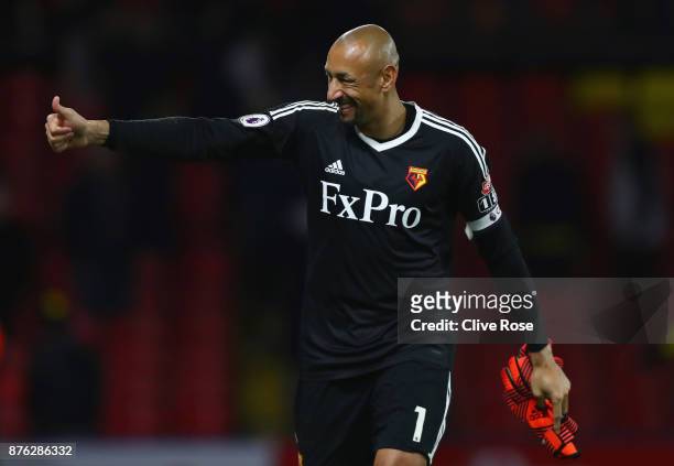 Heurelho Gomes of Watford gives a thumbs up in victory after the Premier League match between Watford and West Ham United at Vicarage Road on...