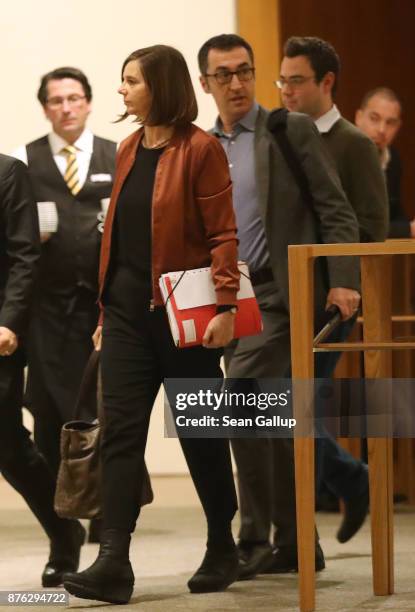 Cem Oezdemir and Katrin Goering-Eckardt of the German Greens Party attend preliminary coalition talks at the Baden-Wuerttemberg state representation...