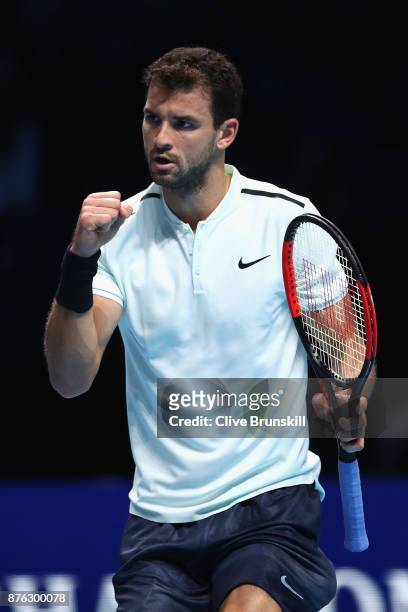 Grigor Dimitrov of Bulgaria celebrates during the singles final against David Goffin of Belgium during day eight of the 2017 Nitto ATP Finals at O2...