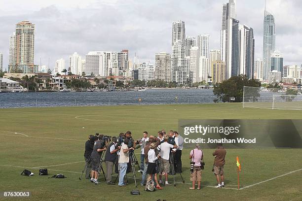 Jason Culina is interviewed by the media with the Surfers Paradise skyline in the background after announcing he will play for A-League team Gold...