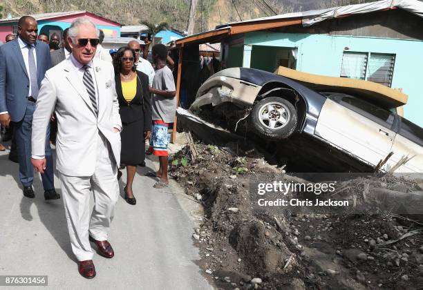 Prince Charles, Prince of Wales visits Pichelin to meet residents and view the damage caused by Hurricane Maria on November 19, 2017 in Pichelin,...