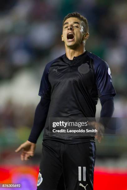 Isaac Brizuela of Chivas reacts during the 17th round match between Leon and Chivas as part of the Torneo Apertura 2017 Liga MX at Leon Stadium on...