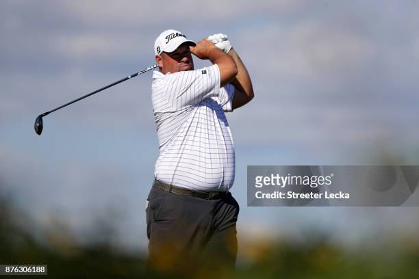 Brendon de Jonge of Zimbabwe plays his shot from the eighth tee during the third round of The RSM Classic at Sea Island Golf Club Seaside Course on...