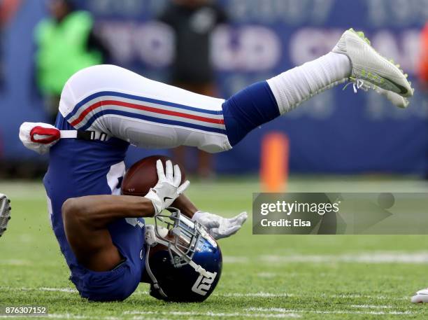 Travis Rudolph of the New York Giants falls after he was tackled in the second quarter against the Kansas City Chiefs on November 19, 2017 at MetLife...
