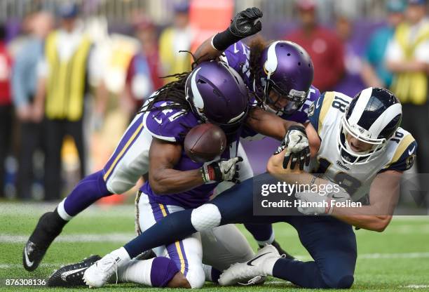 Cooper Kupp of the Los Angeles Rams fumbles the ball on the goal line in the second quarter of the game against the Minnesota Vikings on November 19,...