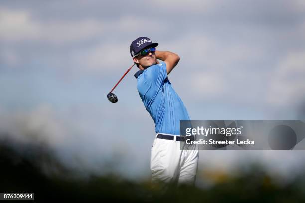 Blayne Barber of the United States plays his shot from the eighth tee during the third round of The RSM Classic at Sea Island Golf Club Seaside...