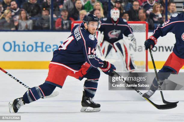 Jordan Schroeder of the Columbus Blue Jackets skates against the New York Rangers on November 17, 2017 at Nationwide Arena in Columbus, Ohio.