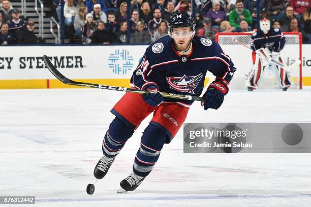 Jordan Schroeder of the Columbus Blue Jackets skates against the New York Rangers on November 17, 2017 at Nationwide Arena in Columbus, Ohio.