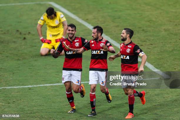 Mancuello , Diego and Felipe Vizeu of Flamengo during the Brasileirao Series A 2017 match between Flamengo and Corinthians at Ilha do Urubu Stadium...