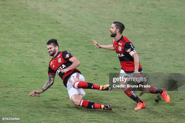 Felipe Vizeu and Diego of Flamengo celebrate a scored goal during the Brasileirao Series A 2017 match between Flamengo and Corinthians at Ilha do...