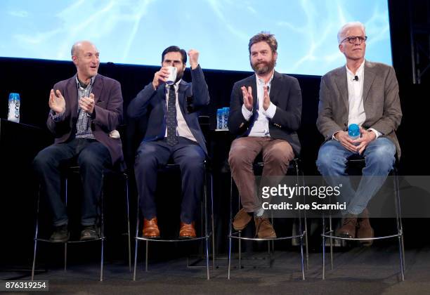 Writer/producer Jonathan Ames, actor Zach Galifianakis, actor Jason Schwartzman and actor Ted Danson speak onstage during the 'Bored to Death...