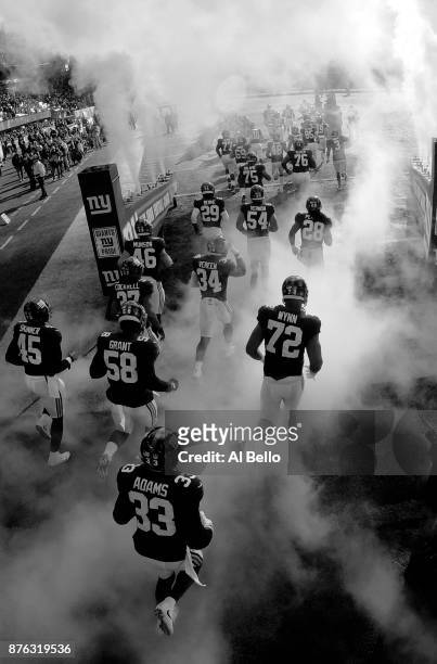 The New York Giants enter the field against the Kansas City Chiefs before their game at MetLife Stadium on November 19, 2017 in East Rutherford, New...