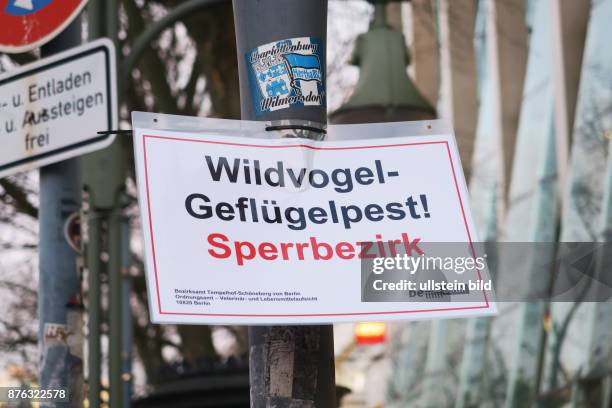 Ein Hinweisschild mit der Aufschrift Wildvogel Geflügelpest Sperrbezirk aufgenommen auf der Tauentzienstrasse in Berlin Schöneberg