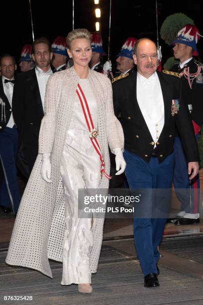 Princess Charlene of Monaco and Prince Albert II of Monaco arrive at the Monaco National Day Gala in Grimaldi Forum on November 19, 2017 in Monaco,...