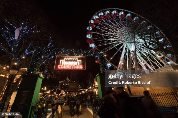 Entrance of the Christmas Market, one of a number of attractions situated in Princes Street Gardens in Edinburgh during 'Light Night', the event that...