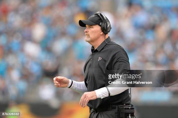 Head coach Dan Quinn of the Atlanta Falcons during their game against the Carolina Panthers at Bank of America Stadium on November 5, 2017 in...