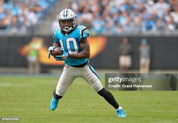 Curtis Samuel of the Carolina Panthers makes a catch against the Atlanta Falcons during their game at Bank of America Stadium on November 5, 2017 in...