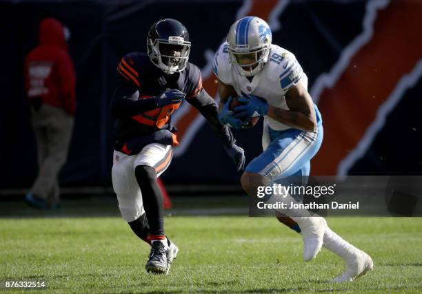 Kenny Golladay of the Detroit Lions carries the football past Prince Amukamara of the Chicago Bears in the second quarter at Soldier Field on...