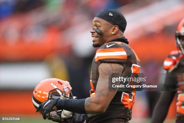 Christian Kirksey of the Cleveland Browns reacts to a play in the third quarter against the Jacksonville Jaguars at FirstEnergy Stadium on November...