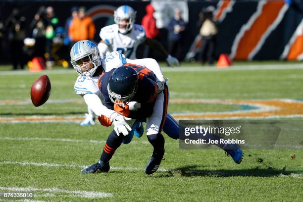 Kendall Wright of the Chicago Bears is hit by Darius Slay of the Detroit Lions in the first quarter at Soldier Field on November 19, 2017 in Chicago,...