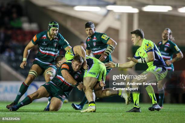 Leicester Tigers' Tom Youngs tackles Sale Sharks' Will-Griff John during the Aviva Premiership match between Leicester Tigers and Sale Sharks at...