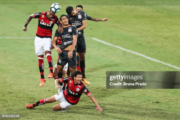 Players of Corinthians and Flamengo struggles for the ball during the Brasileirao Series A 2017 match between Flamengo and Corinthians at Ilha do...