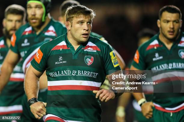 Leicester Tigers' Tom Youngs during the Aviva Premiership match between Leicester Tigers and Sale Sharks at Welford Road on November 19, 2017 in...