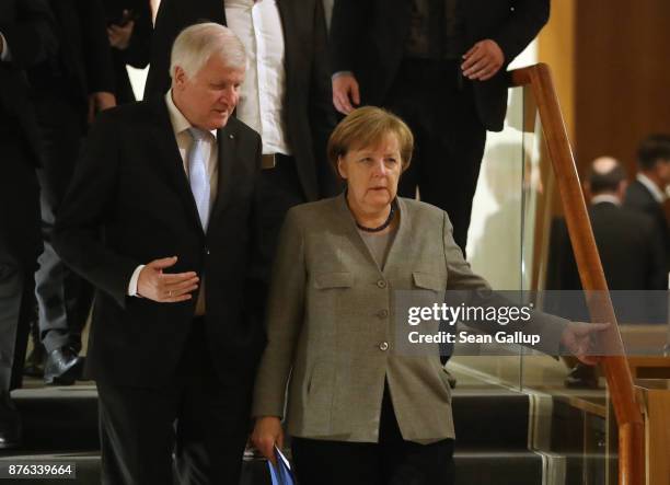 German Chancellor and head of the German Christian Democrats Angela Merkel and Horst Seehofer, Governor of Bavaria and head of the Bavarian Social...