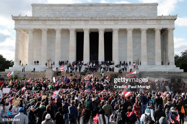 Rita Moreno and Lin-Manuel Miranda speak at a Unity for Puerto Rico rally at the Lincoln Memorial on November 19, 2017 in Washington, DC.