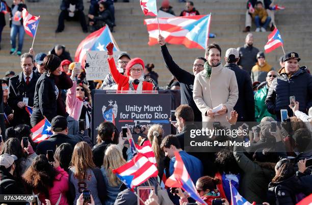 Rita Moreno and Lin-Manuel Miranda speak at a Unity for Puerto Rico rally at the Lincoln Memorial on November 19, 2017 in Washington, DC.