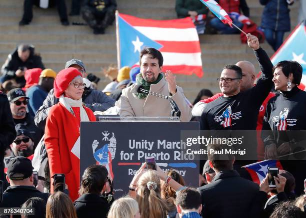 Rita Moreno and Lin-Manuel Miranda speak at a Unity for Puerto Rico rally at the Lincoln Memorial on November 19, 2017 in Washington, DC.