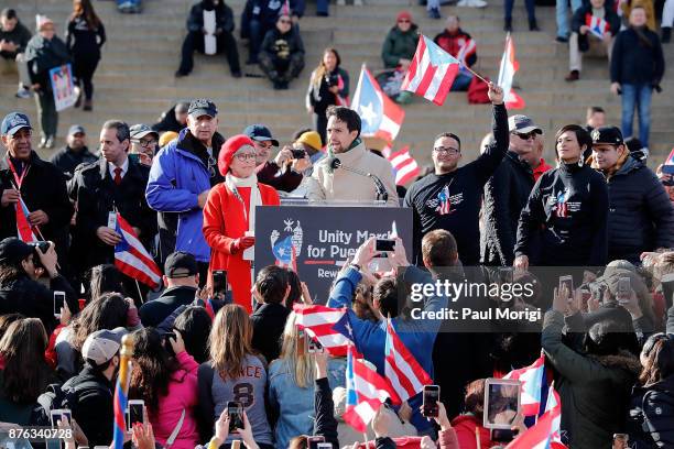 Rita Moreno and Lin-Manuel Miranda speak at a Unity for Puerto Rico rally at the Lincoln Memorial on November 19, 2017 in Washington, DC.
