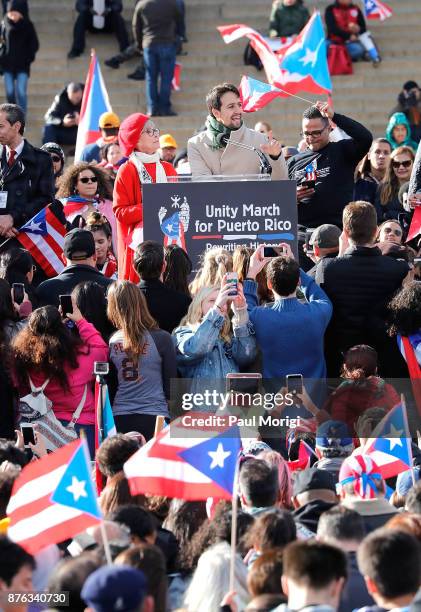 Lin-Manuel Miranda speaks at a Unity for Puerto Rico rally at the Lincoln Memorial on November 19, 2017 in Washington, DC.