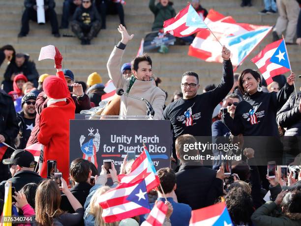 Lin-Manuel Miranda speaks at a Unity for Puerto Rico rally at the Lincoln Memorial on November 19, 2017 in Washington, DC.