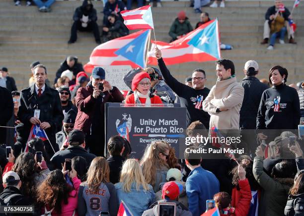 Rita Moreno and Lin-Manuel Miranda speak at a Unity for Puerto Rico rally at the Lincoln Memorial on November 19, 2017 in Washington, DC.