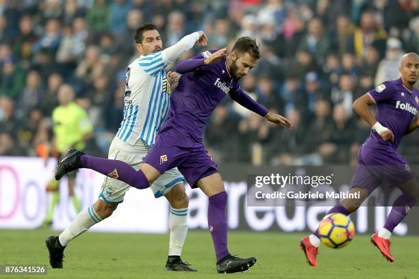 German Pezzella of ACF Fiorentina in action against Marco Borriello of Spal during the Serie A match between Spal and ACF Fiorentina at Stadio Paolo...