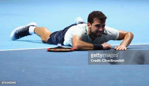 Grigor Dimitrov of Bulgaria celebrates victory following the singles final against David Goffin of Belgium during day eight of the 2017 Nitto ATP...