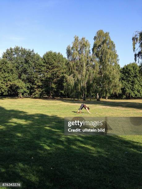 Deutschland Germany Berlin Die morgendliche Sonne scheint auf eine Frau die im Tiergarten Gymnastik macht.