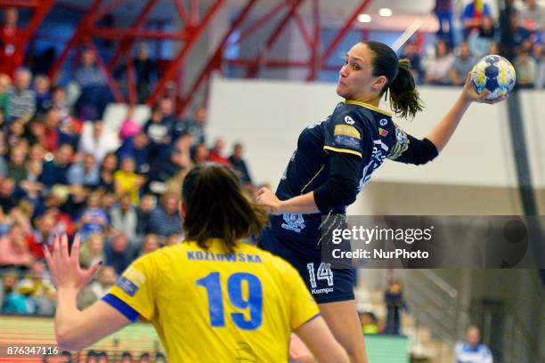 Bucharest's Bianca Bazaliu and Vistal Gdynia's Joanna Kozlowska during the EHF Woman's Champions League game between CSM Bucharest and Vistal Gdynia...