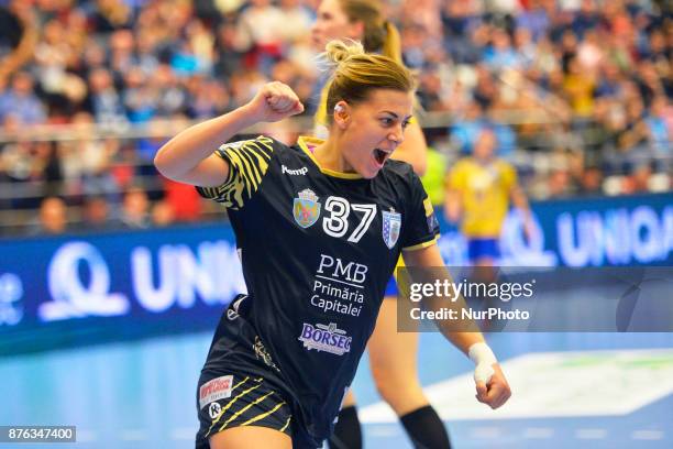 Bucharest's Nathalie Hagman celebrates during the EHF Woman's Champions League game between CSM Bucharest and Vistal Gdynia at Dinamo Polyvalent Hall...