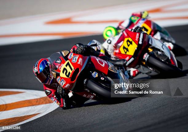 Riders Joe Roberts of United States and AGR team and Steven Odendaal of South Africa and NTS Sportscode T.Pro Team in action during The Moto2...