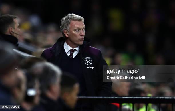 David Moyes manager of West Ham United during the Premier League match between Watford and West Ham United at Vicarage Road on November 19, 2017 in...