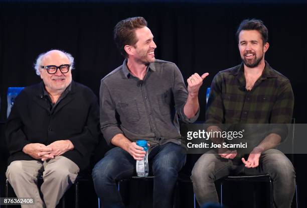 Actor Danny DeVito, actor/producer Glenn Howerton, and actor/producer Rob McElhenney speak onstage during the 'It's Always Sunny' panel, part of...