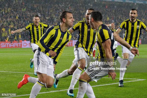 Roberto Soldado Rillo of Fenerbahce celebrates 2-1 during the Turkish Super lig match between Fenerbahce v Sivasspor at the Sukru Saracoglustadion on...