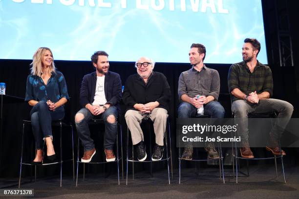 Actors Kaitlin Olson, actor Charlie Day, actor Danny DeVito, actor/producer Glenn Howerton and actor/producer Rob McElhenney speak onstage during the...