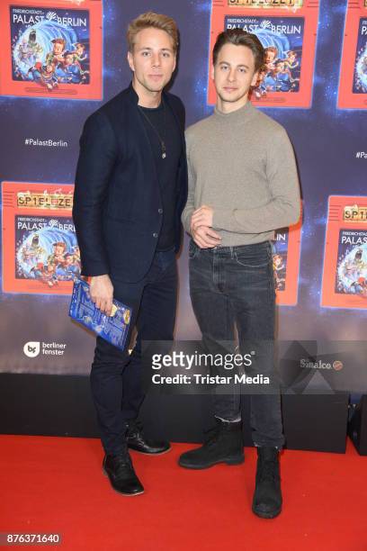Timmi Trinks and his brother Benjamin Trinks attend the premiere of the children's show 'Spiel mit der Zeit' at Friedrichstadtpalast on November 19,...