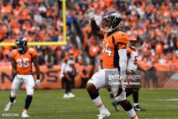 Will Parks of the Denver Broncos celebrates a blocked punt during the first quarter against the Cincinnati Bengals. The Denver Broncos hosted the...